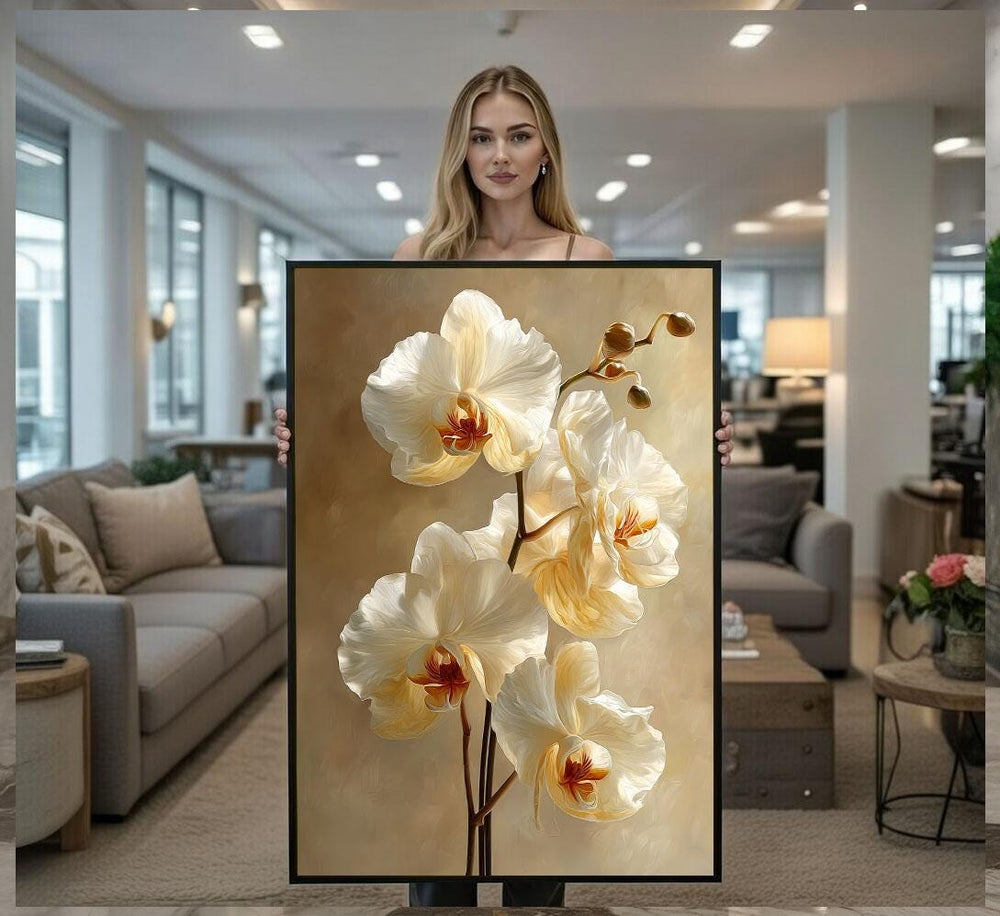 Elegant Orchid Blossom Canvas Wall Art Print  Neutral Living Room Decor  Statement Piece