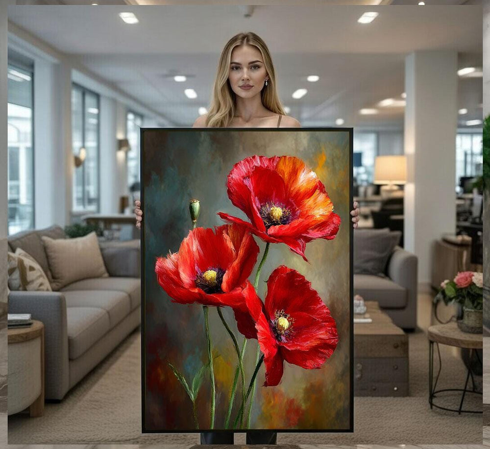 Vibrant Red Poppies Floral Canvas Wall Art Print  Modern Living Room Decor  Statement Piece