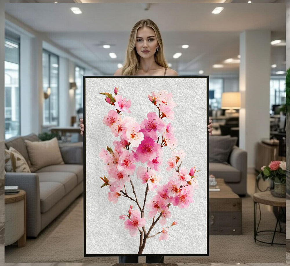 Elegant Cherry Blossom Canvas Wall Art Print  Pink Floral Living Room Decor  Ready to Hang