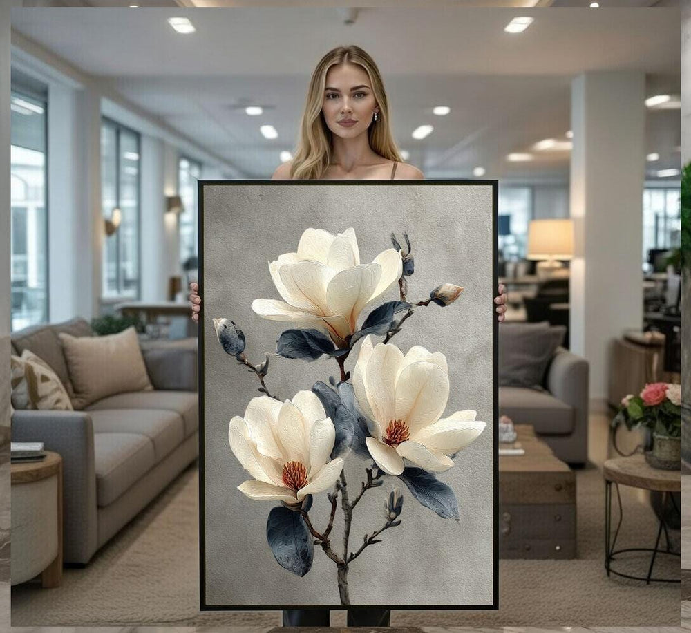 Elegant Magnolia Blossom Canvas Wall Art Print  Neutral Living Room Decor  Ready to Hang