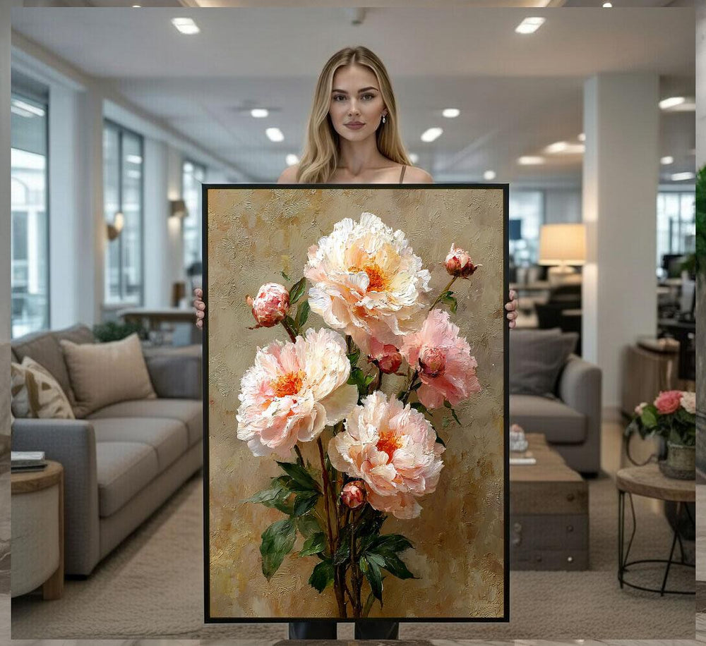 Elegant Peony Floral Canvas Wall Art Print  Vintage Living Room Decor  Ready to Hang