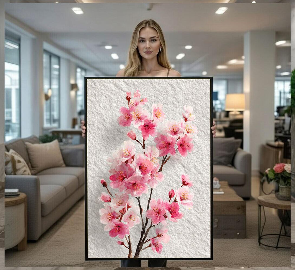 Elegant Cherry Blossom Canvas Wall Art Print  Pink Floral Living Room Decor  Ready to Hang