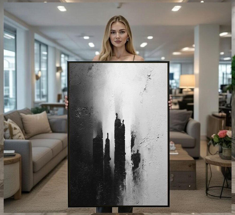 Monochrome Cityscape Abstract Canvas Wall Art Print  Black and White Office Decor  Modern Art Lovers