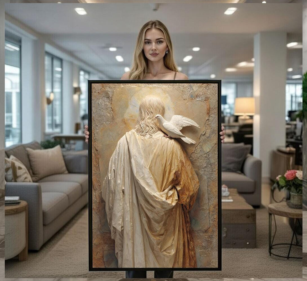 Radiant Jesus with Dove Canvas Wall Art Print  Peaceful Living Room Decor  Statement Piece