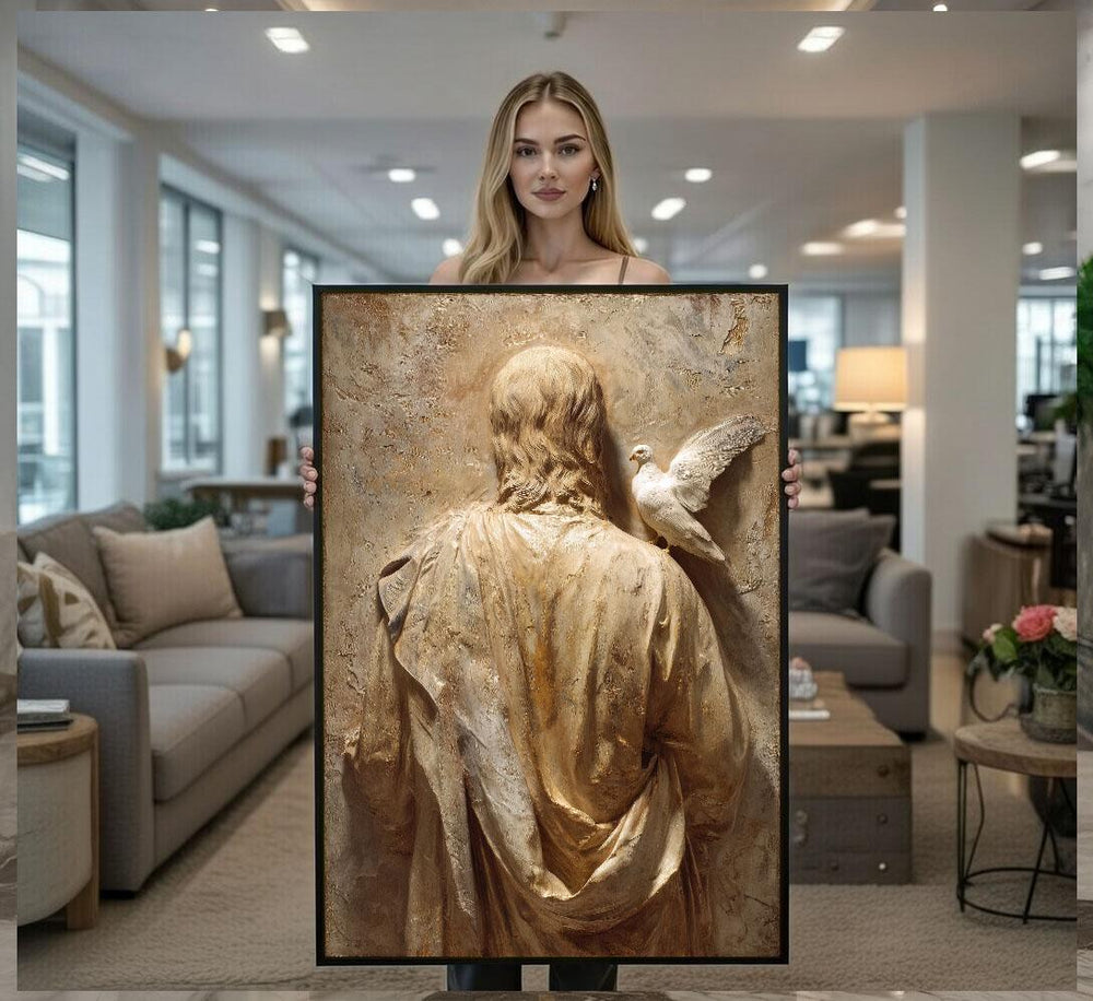 Radiant Jesus with Dove Canvas Wall Art Print  Spiritual Living Room Decor  Statement Piece
