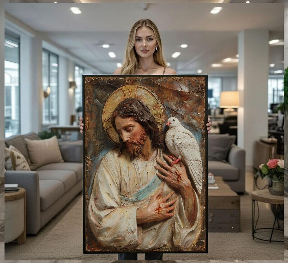 Radiant Jesus with Dove Canvas Wall Art Print  Spiritual Living Room Decor  Statement Piece