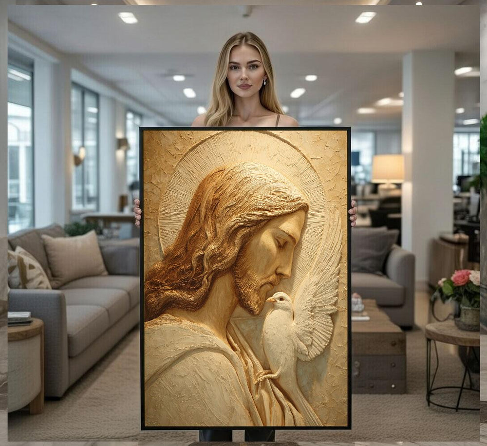 Radiant Jesus with Dove Canvas Wall Art Print  Spiritual Living Room Decor  Statement Piece