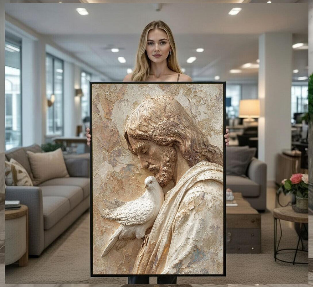 Serene Jesus with Dove Canvas Wall Art Print  Neutral Tones Living Room Decor  Statement Piece
