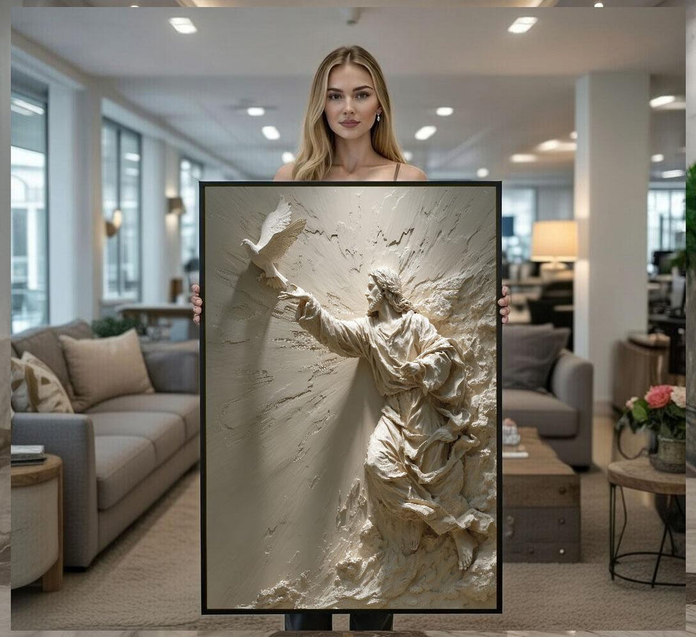 Elegant Jesus Sculpture Canvas Wall Art Print  Neutral Tones Living Room Decor  Statement Piece