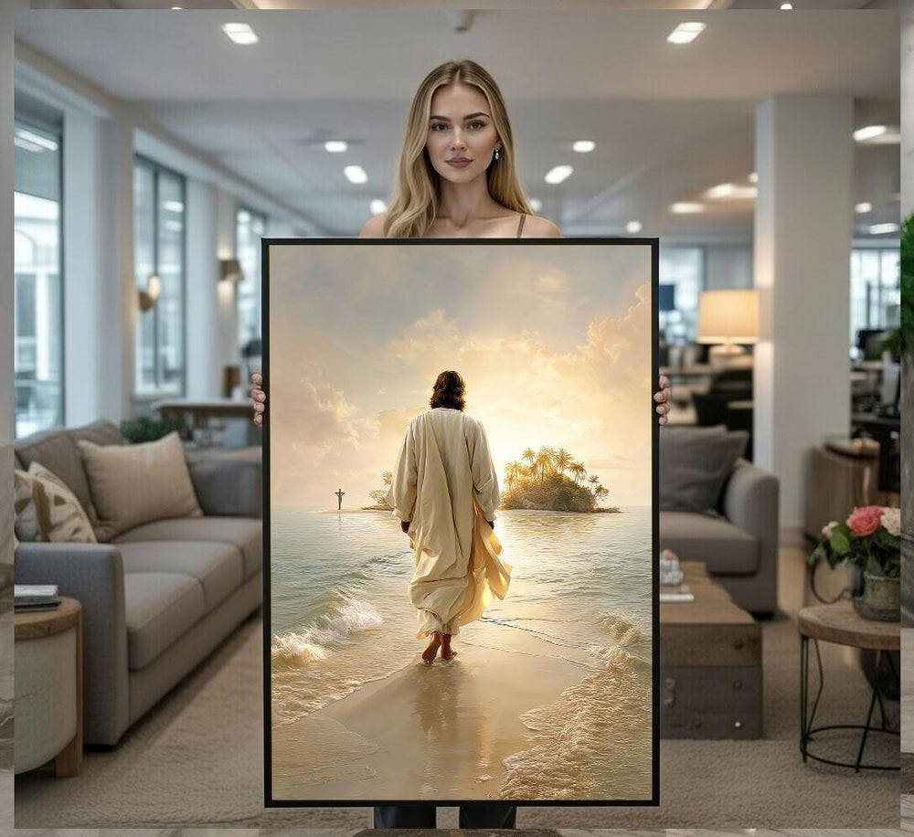 Radiant Jesus Beach Scene Canvas Wall Art Print  Serene Living Room Decor  Statement Piece