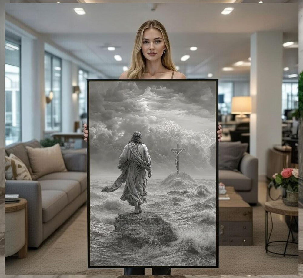 Radiant Jesus Walking on Water Canvas Wall Art Print  Serene Living Room Decor  Statement Piece
