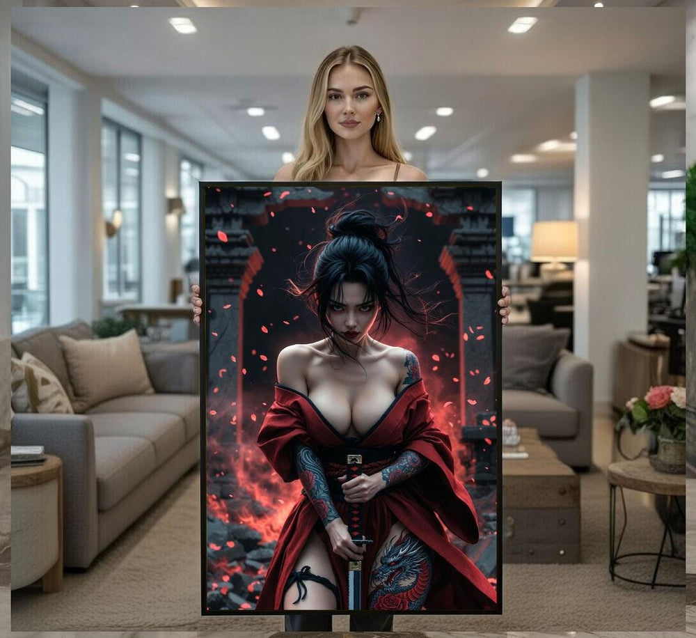 Elegant Samurai Woman Canvas Wall Art Print  Bold Red Bedroom Decor  Statement Piece