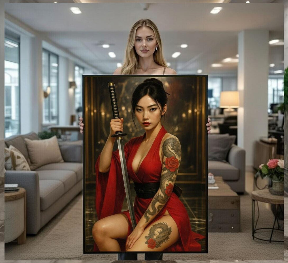 Fierce Tattooed Samurai Woman Canvas Wall Art Print  Bold Office Decor  Statement Piece