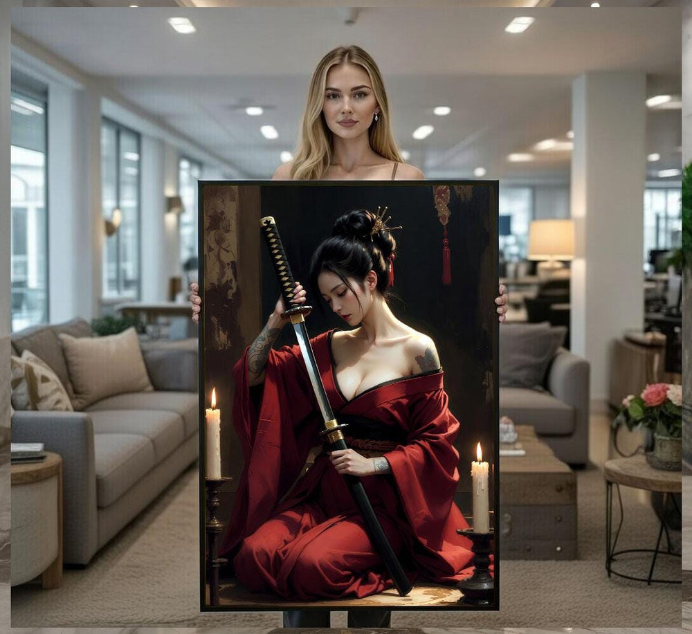 Elegant Japanese Woman with Katana Canvas Wall Art Print  Red Bedroom Decor  Art Collectors
