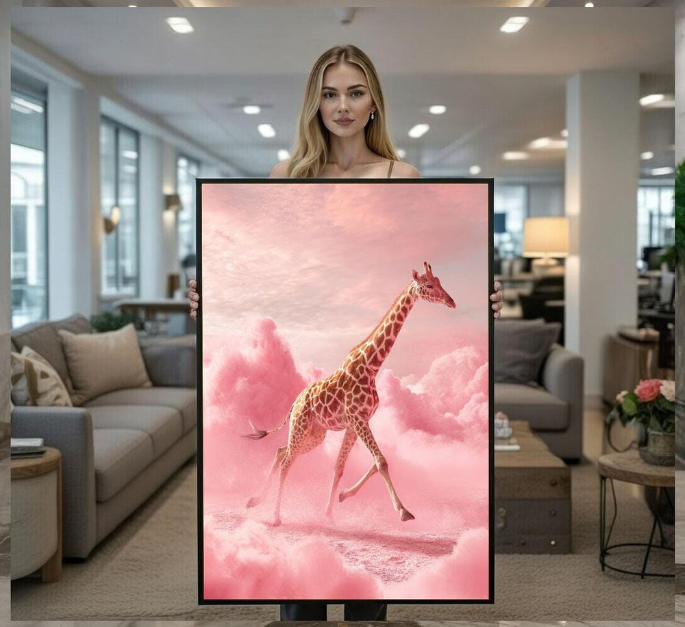 Surreal Pink Giraffe Canvas Wall Art Print  Dreamy Living Room Decor  Modern Art Lovers