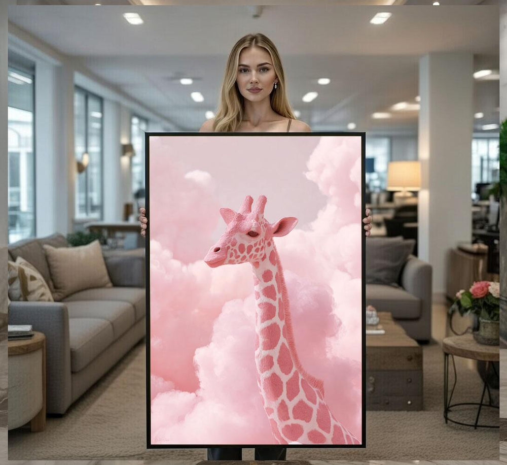 Whimsical Pink Giraffe Canvas Wall Art Print  Dreamy Living Room Decor  Statement Piece