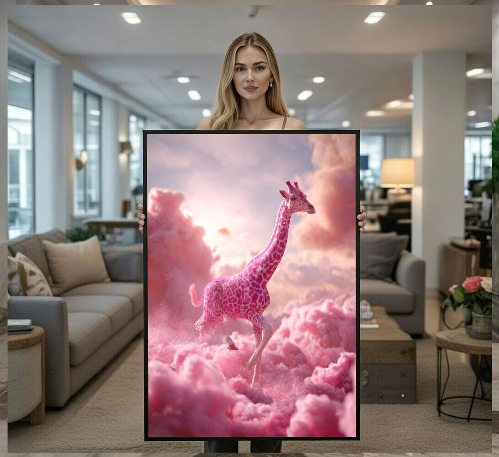 Whimsical Pink Giraffe in Clouds Canvas Wall Art Print  Dreamy Living Room Decor  Modern Art Lovers