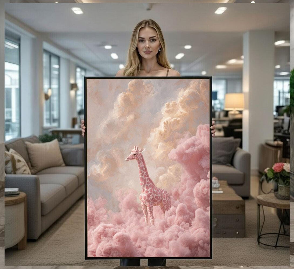 Surreal Pink Giraffe in Clouds Canvas Wall Art Print  Dreamy Living Room Decor  Modern Art Lovers