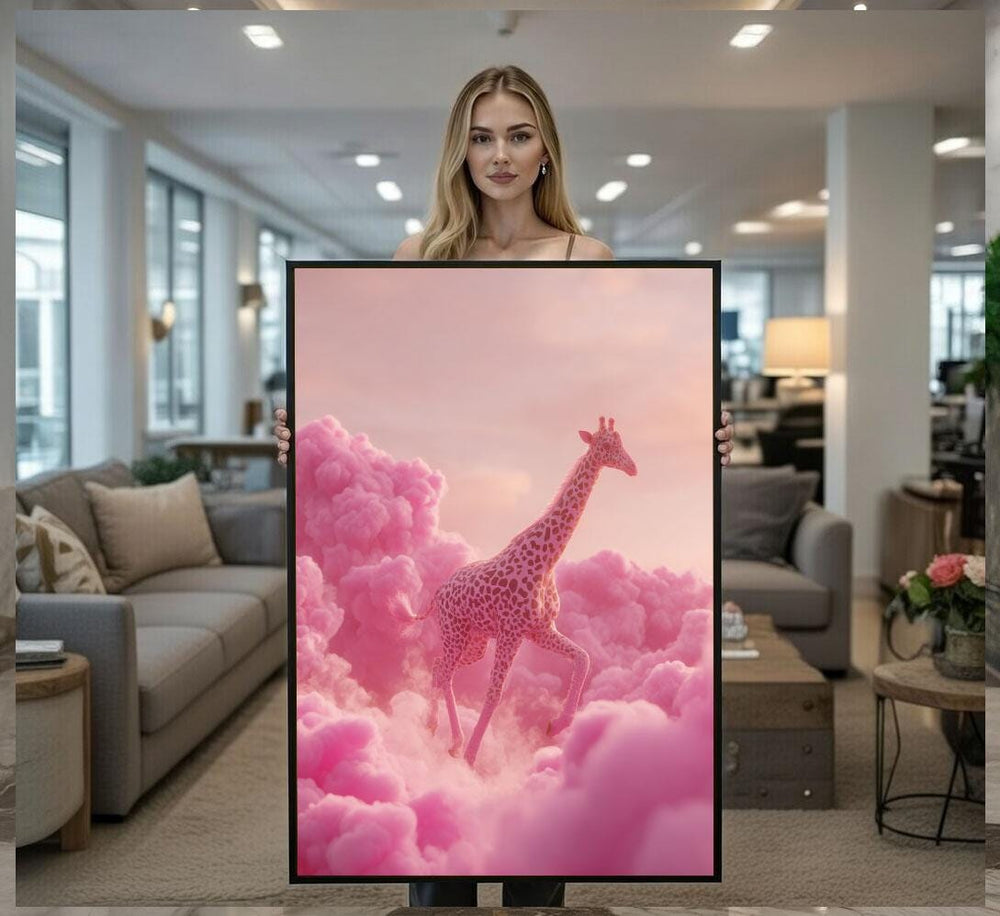 Whimsical Pink Giraffe Dreamscape Canvas Wall Art Print  Surreal Living Room Decor  Modern Art Lovers