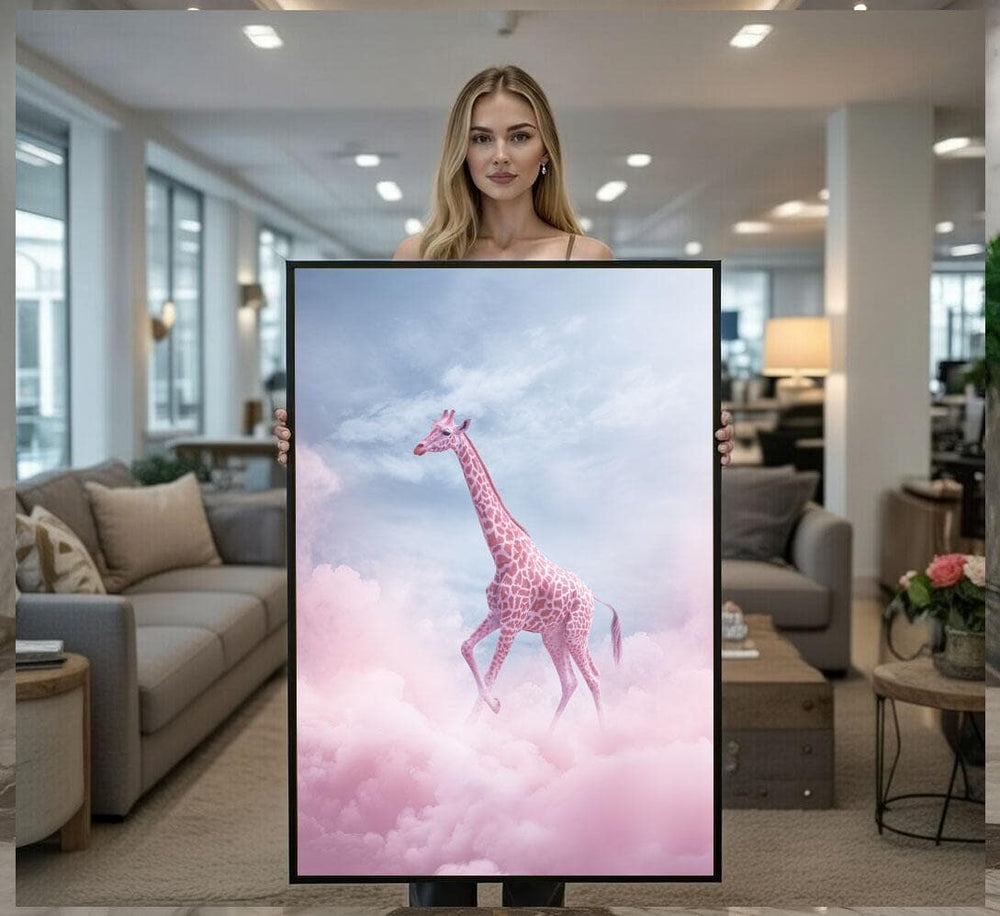 Whimsical Pink Giraffe in Clouds Canvas Wall Art Print  Dreamy Living Room Decor  Ready to Hang