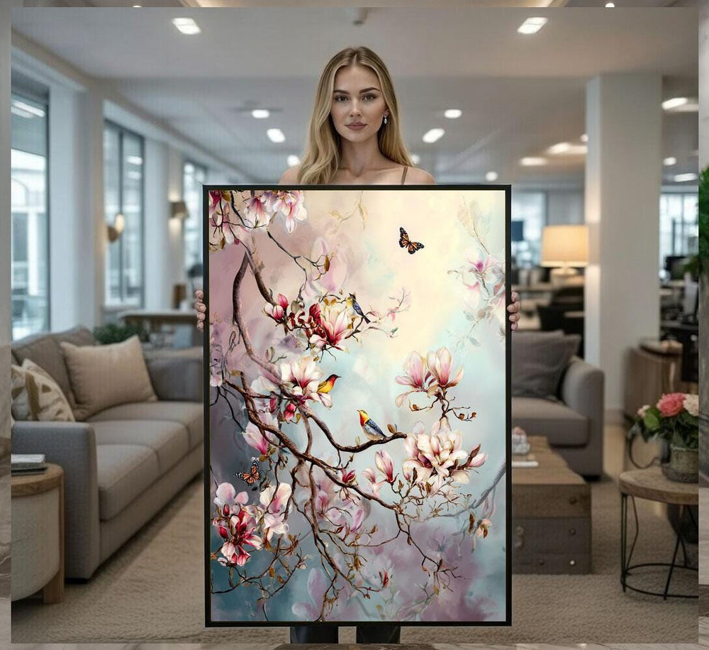 Tranquil Cherry Blossom & Butterfly Canvas Wall Art Print  Pastel Living Room Decor  Ready to Hang
