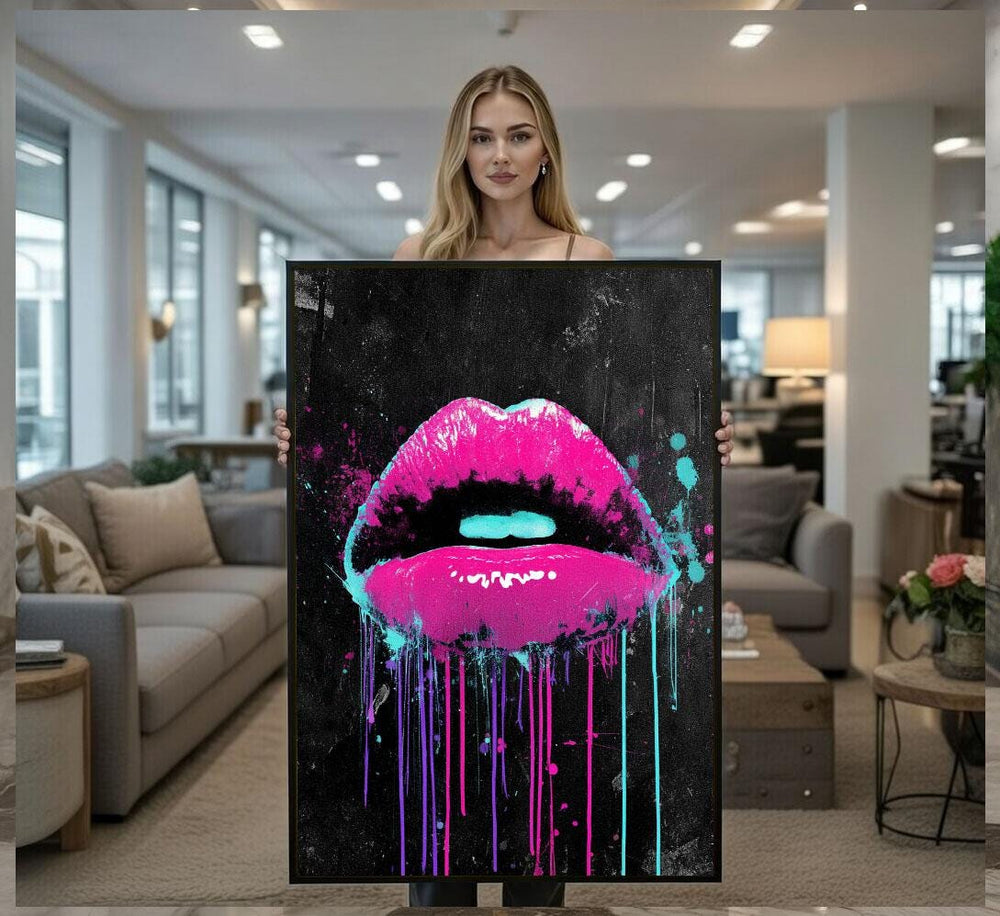 Bold Pop Art Lips Canvas Wall Art Print  Neon Bedroom Wall Decor  Modern Art Lovers
