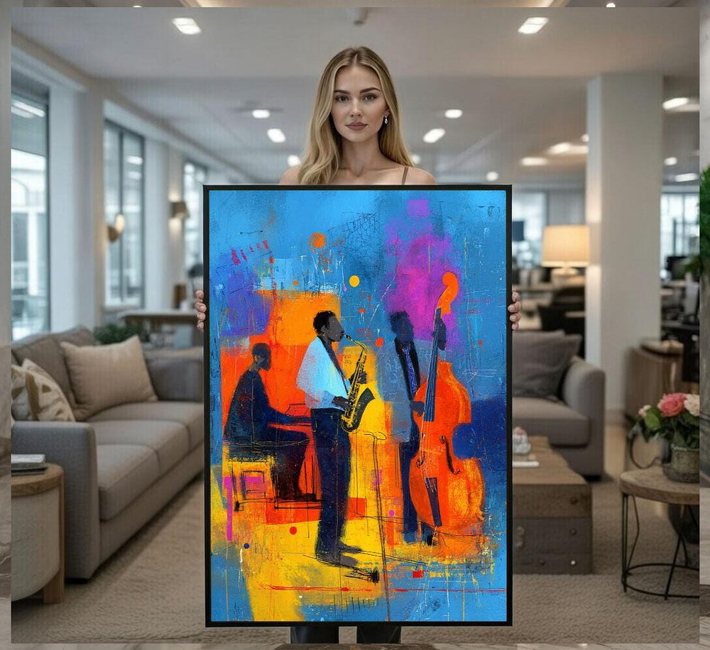 Colorful Jazz Trio Canvas Wall Art Print  Bold Musician Bedroom Decor  Art Lovers