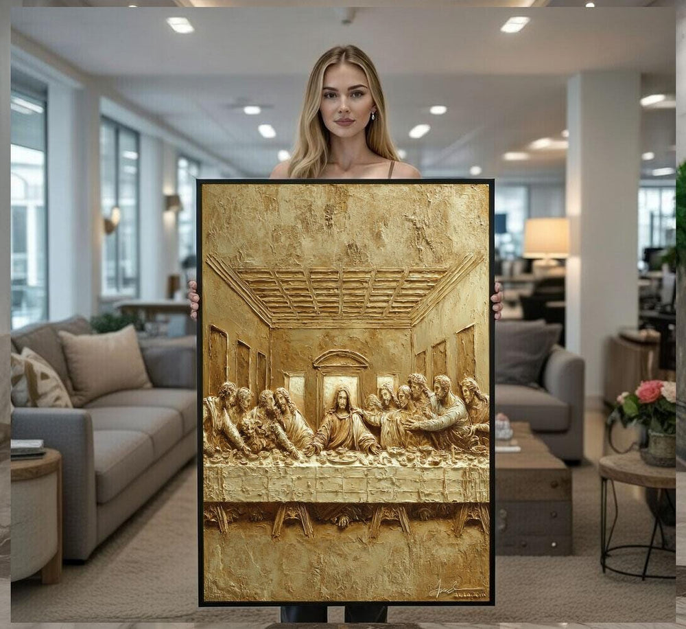 Elegant Last Supper Relief Canvas Wall Art Print  Gold Toned Living Room Decor  Statement Piece