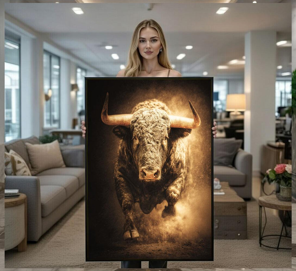 Powerful Charging Bull Canvas Wall Art Print  Bold Office Artwork  Statement Piece