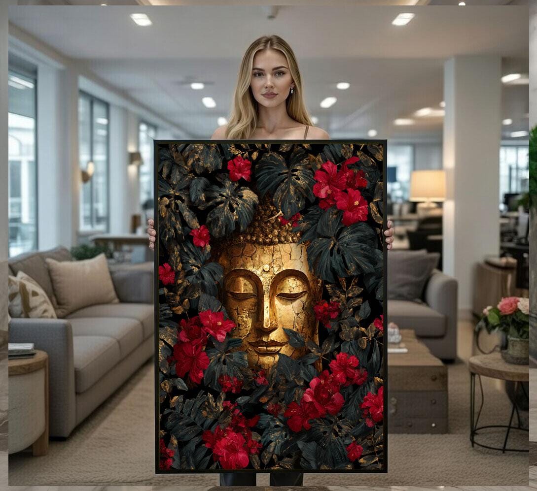 Image 1 of Serene Buddha Floral Canvas Wall Art Print | Gold Red Living Room Decor | Modern Zen Statement Piece