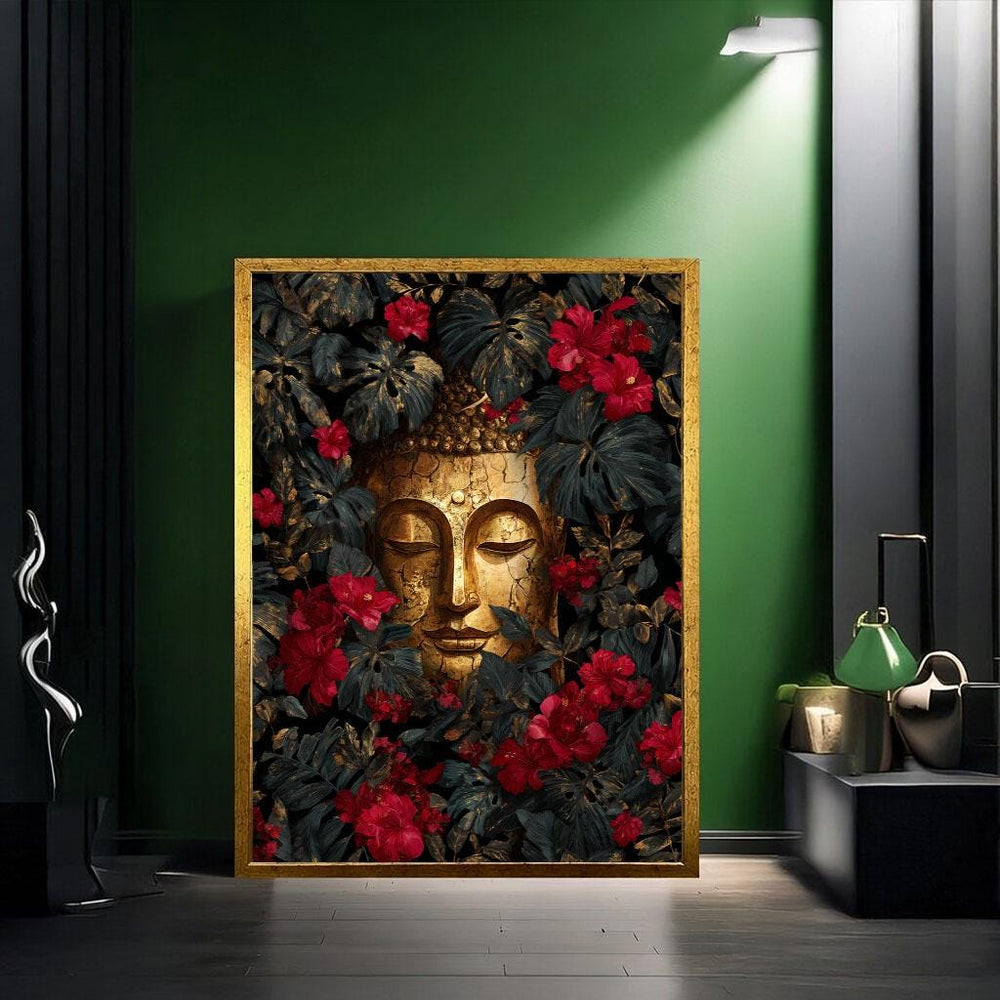 Serene Buddha Floral Canvas Wall Art Print  Gold Red Living Room Decor  Modern Zen Statement Piece