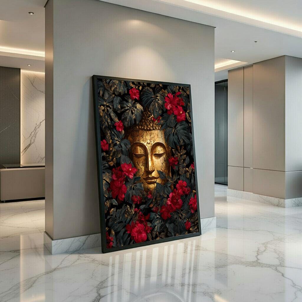 Image 3 of Serene Buddha Floral Canvas Wall Art Print | Gold Red Living Room Decor | Modern Zen Statement Piece