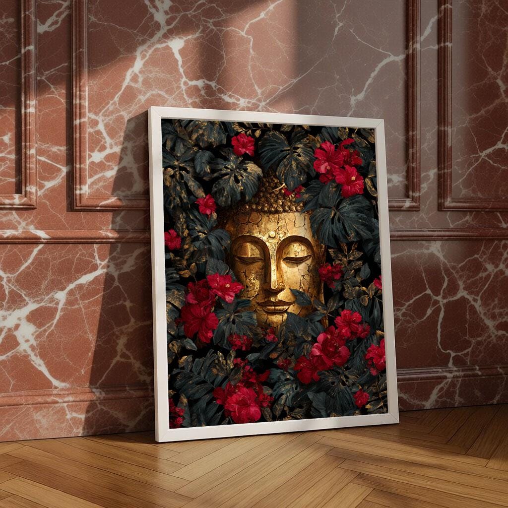 Image 4 of Serene Buddha Floral Canvas Wall Art Print | Gold Red Living Room Decor | Modern Zen Statement Piece