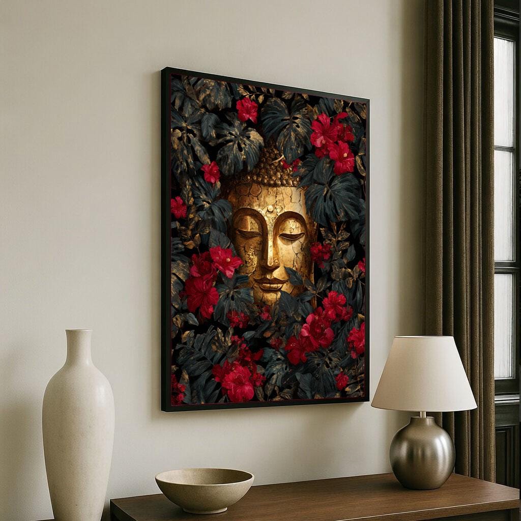 Image 6 of Serene Buddha Floral Canvas Wall Art Print | Gold Red Living Room Decor | Modern Zen Statement Piece