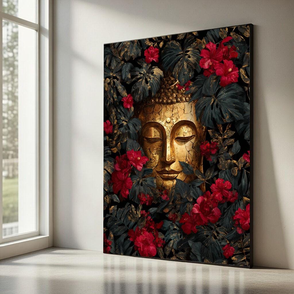 Image 5 of Serene Buddha Floral Canvas Wall Art Print | Gold Red Living Room Decor | Modern Zen Statement Piece