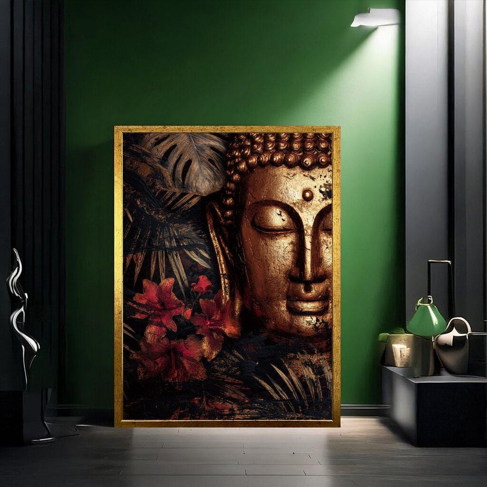 Serene Buddha Golden Canvas Wall Art Print  Zen Living Room Decor  Modern Art Lovers
