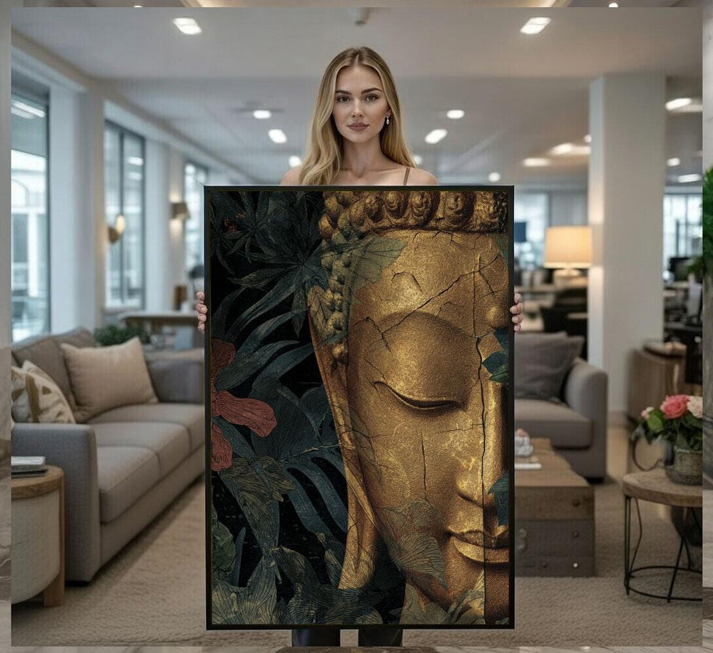 Peaceful Buddha Gold Texture Canvas Wall Art Print  Zen Living Room Decor  Modern Art Lovers