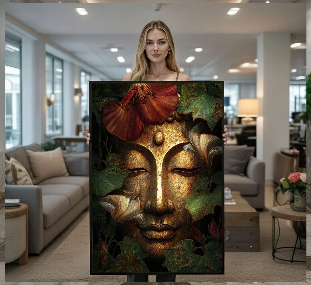 Image 1 of Serene Buddha Floral Canvas Wall Art Print | Zen Living Room Decor | Ready to Hang