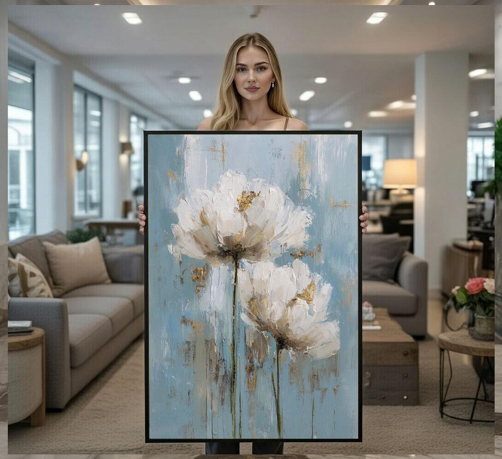 Elegant White Floral Canvas Wall Art Print  Modern Living Room Decor  Ready to Hang