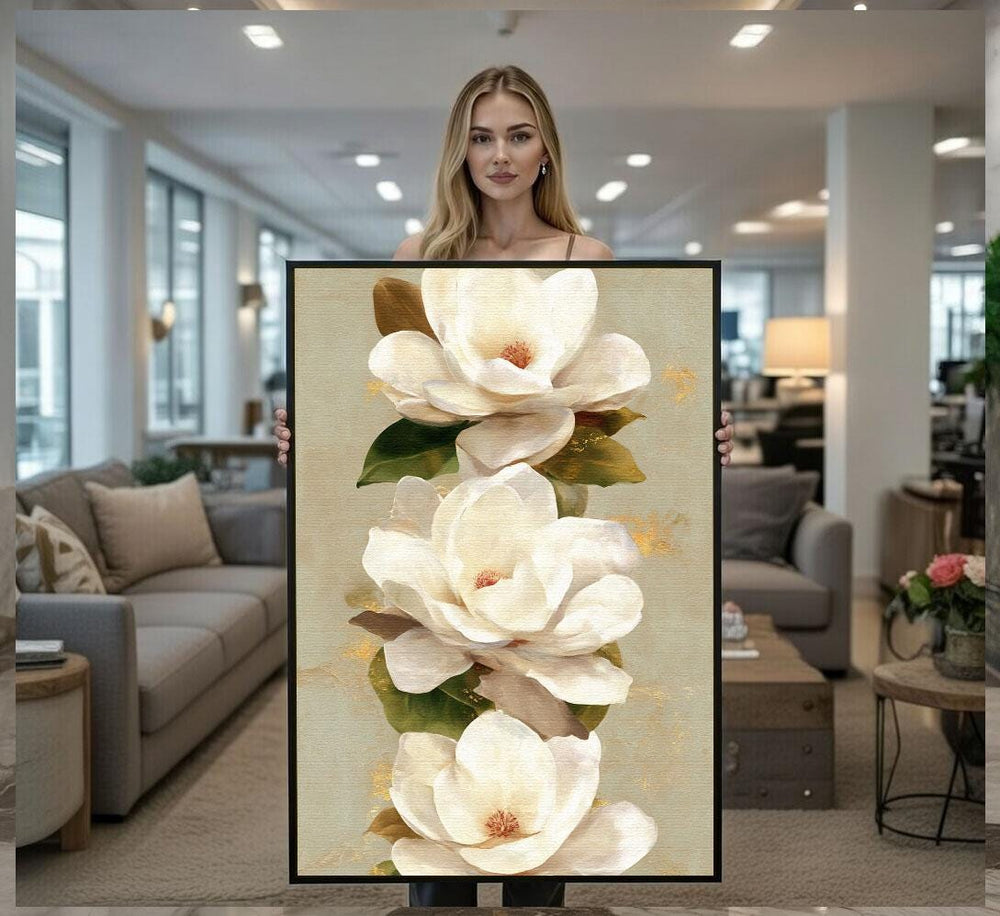 Elegant Magnolia Blossom Canvas Wall Art Print  Neutral Living Room Decor  Ready to Hang