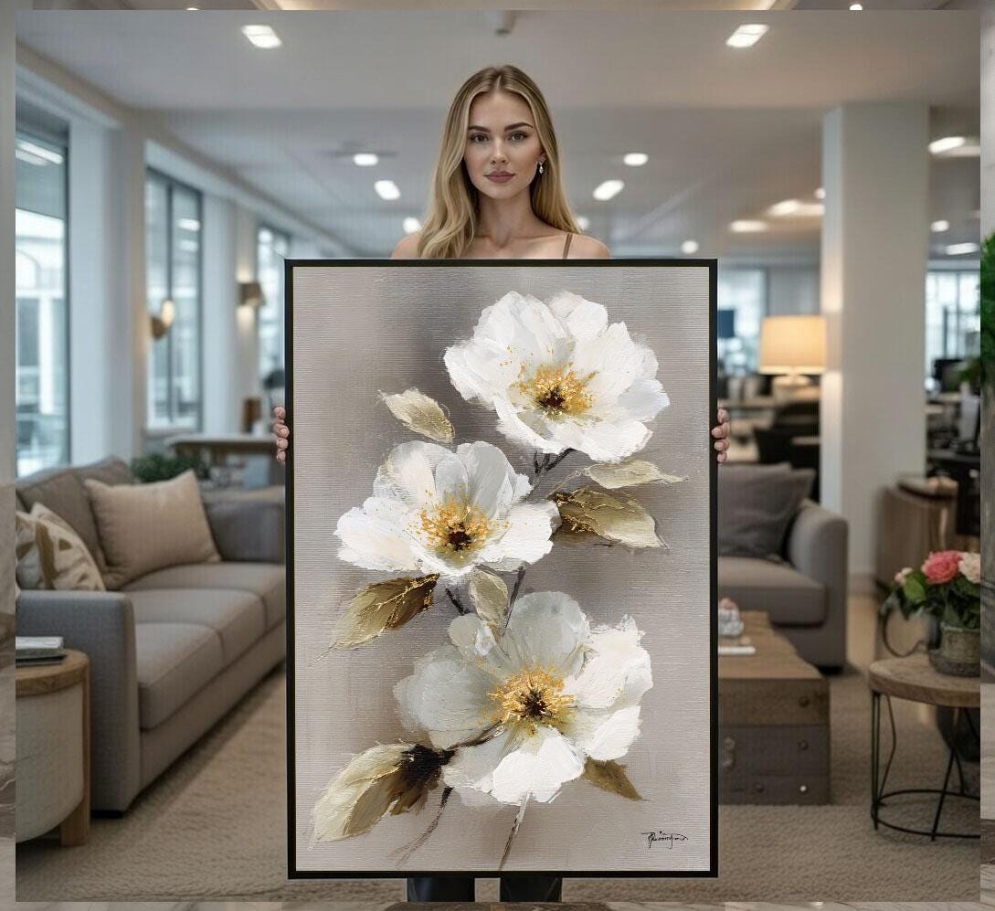 Image 1 of Elegant White Floral Canvas Wall Art Print | Modern Living Room Decor | Ready to Hang
