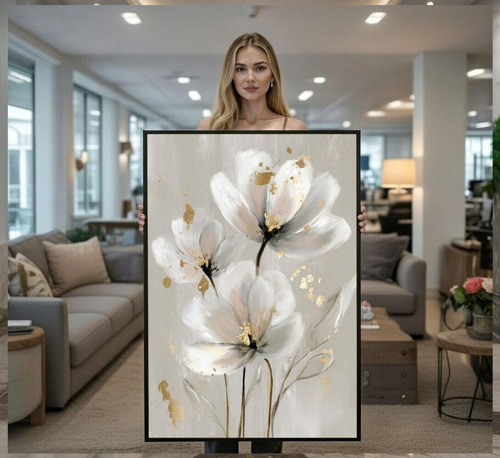 Elegant White Floral Canvas Wall Art Print  Modern Living Room Decor  Ready to Hang