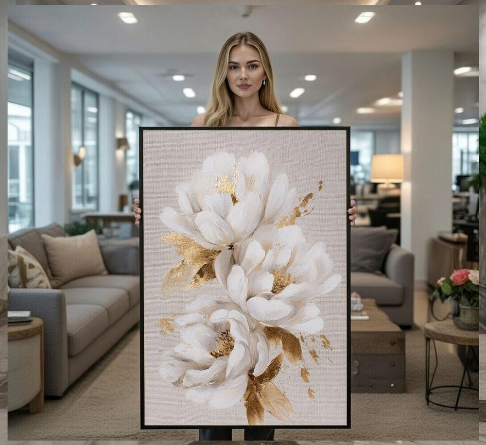 Elegant White Floral Canvas Wall Art Print  Modern Living Room Decor  Ready to Hang