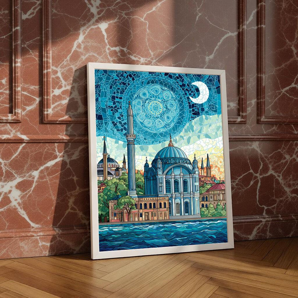 Gustav Klimt Inspired Istanbul Canvas Wall Art Print, Bosphorus Mosque Cityscape, Turquoise Mosaic Sky, Modern Decor