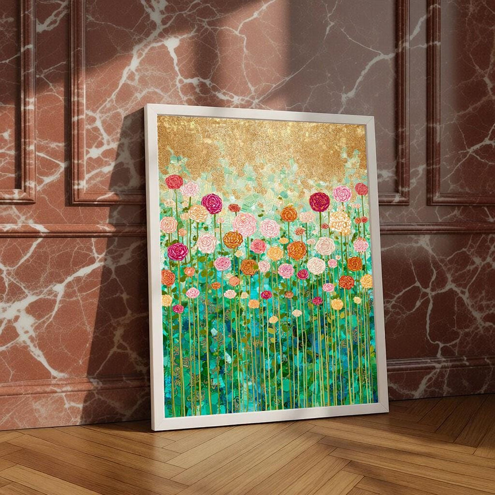 Gustav Klimt Inspired Floral Canvas Wall Art Print, Turquoise Mosaic Meadow, Colorful Rosette Flowers, Home Decor