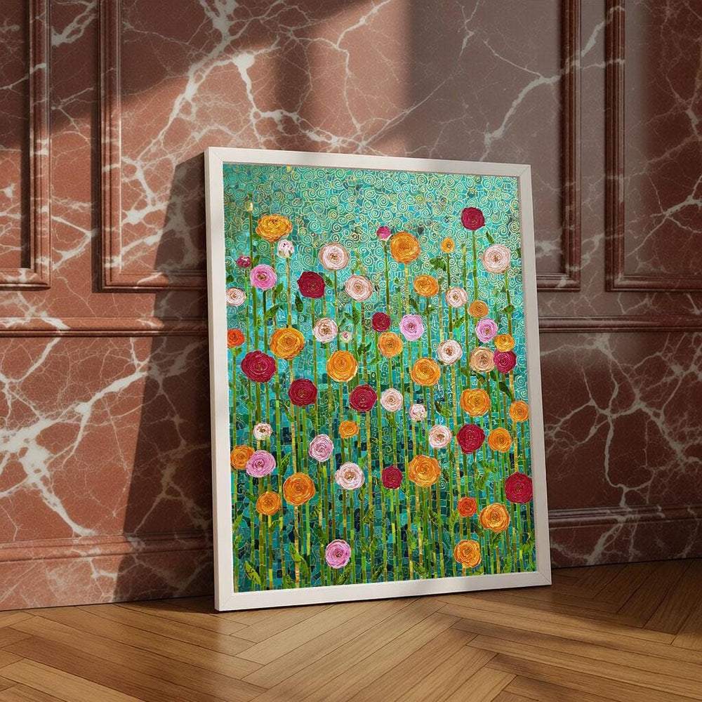 Gustav Klimt Inspired Floral Canvas Wall Art Print, Turquoise Mosaic Meadow, Colorful Rosette Flowers, Home Decor