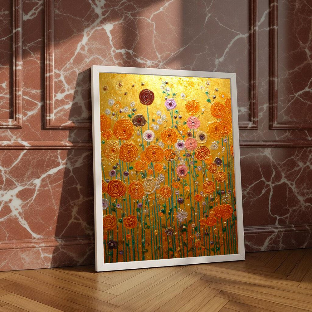 Klimt Style Golden Meadow Canvas Wall Art Print, Orange Rosette Flowers, Ornamental Floral Painting, Wall Decor