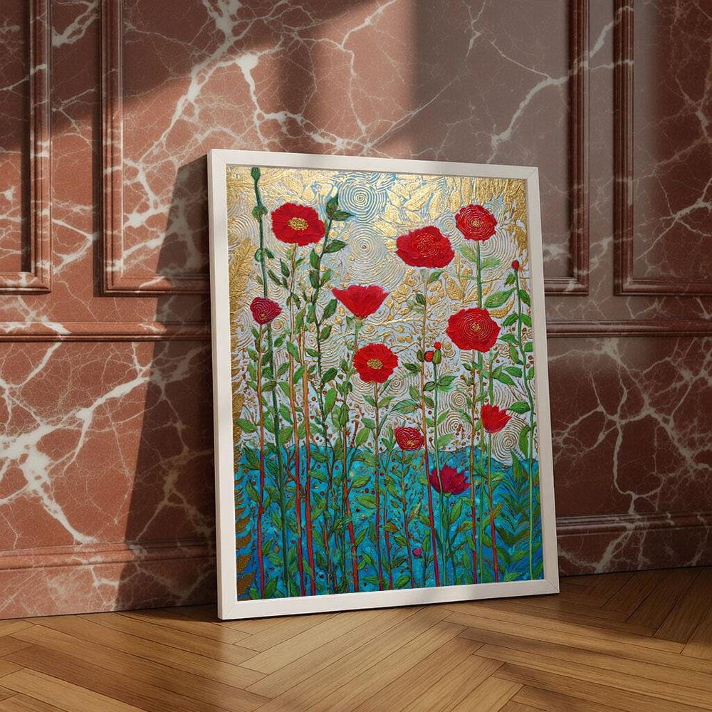 Gustav Klimt Style Floral Canvas Wall Art Print, Red Poppies, Gold Textured Sky, Blue Meadow Wall Decor