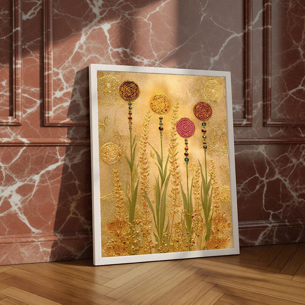 Klimt Style Golden Flowers Canvas Wall Art Print, Ornamental Floral Painting, Gold Texture, Wall Decor