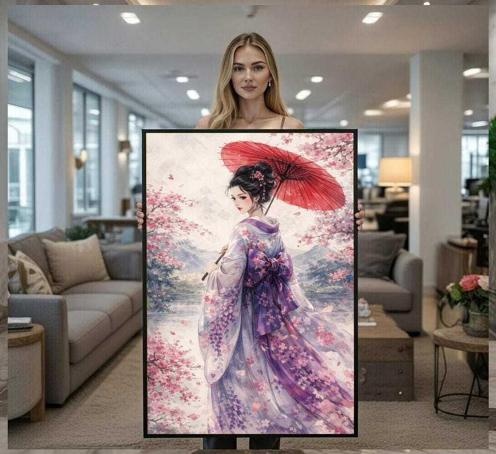 Japanese Geisha Canvas  Red Umbrella Floral Art